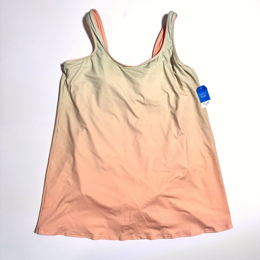 Lands' End Swim Dress L 14-16 Orange Green Ombre One Piece Swimsuit Scoop Neck